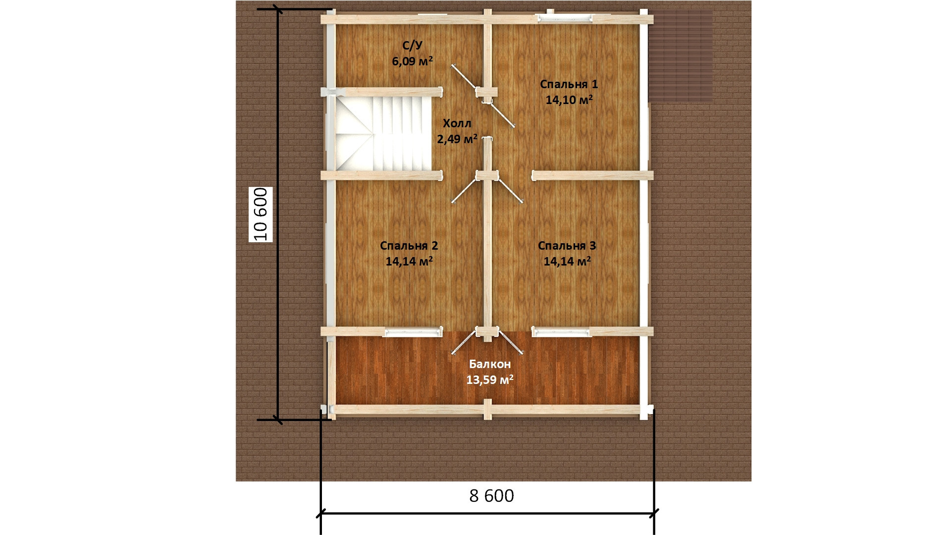Проект дома из бревна | План 2-го этажа